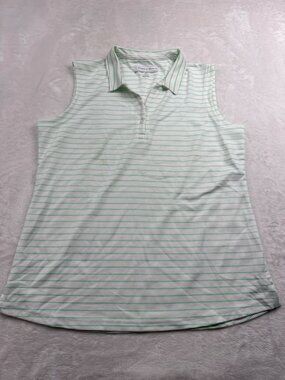Pebble Beach Womens Sleeveless Polo Shirt L Green Striped Dry-Luxe Performance